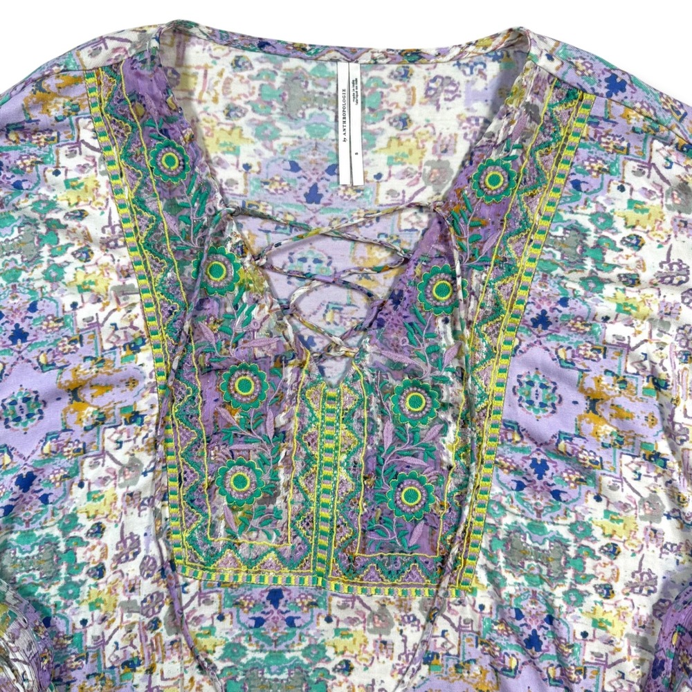 Anthropologie Blouse Women's Small‎ Purple Boho Lace Up Embroidered Cottagecore